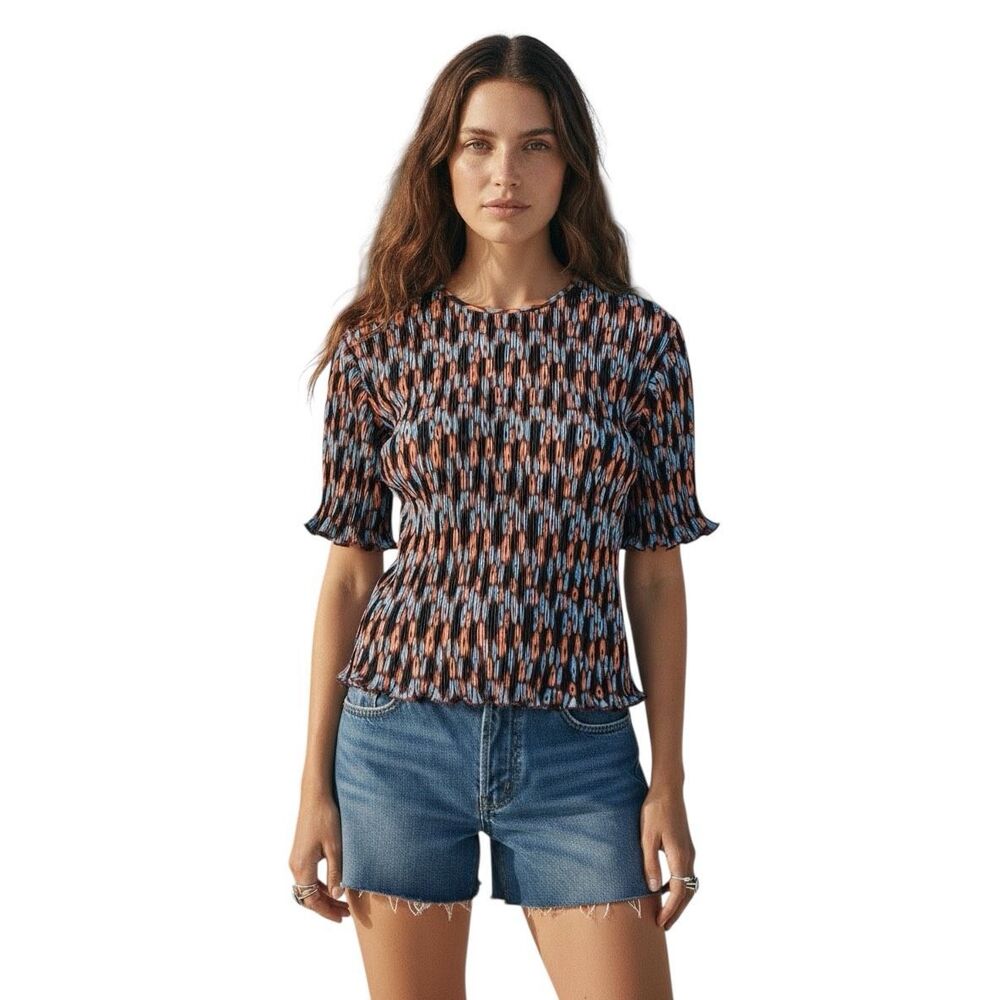 NWT Wildfang The Empower Plisse Boxy Short Sleeve Blouse in Blue/Orange Size M